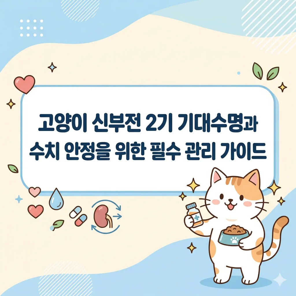 웃는 고양이가 약병과 사료를 들고 있는 귀여운 한국 웹툰 스타일 일러스트, '고양이 신부전 2기 기대수명과 수치 안정을 위한 필수 관리 가이드' 블로그 썸네일
