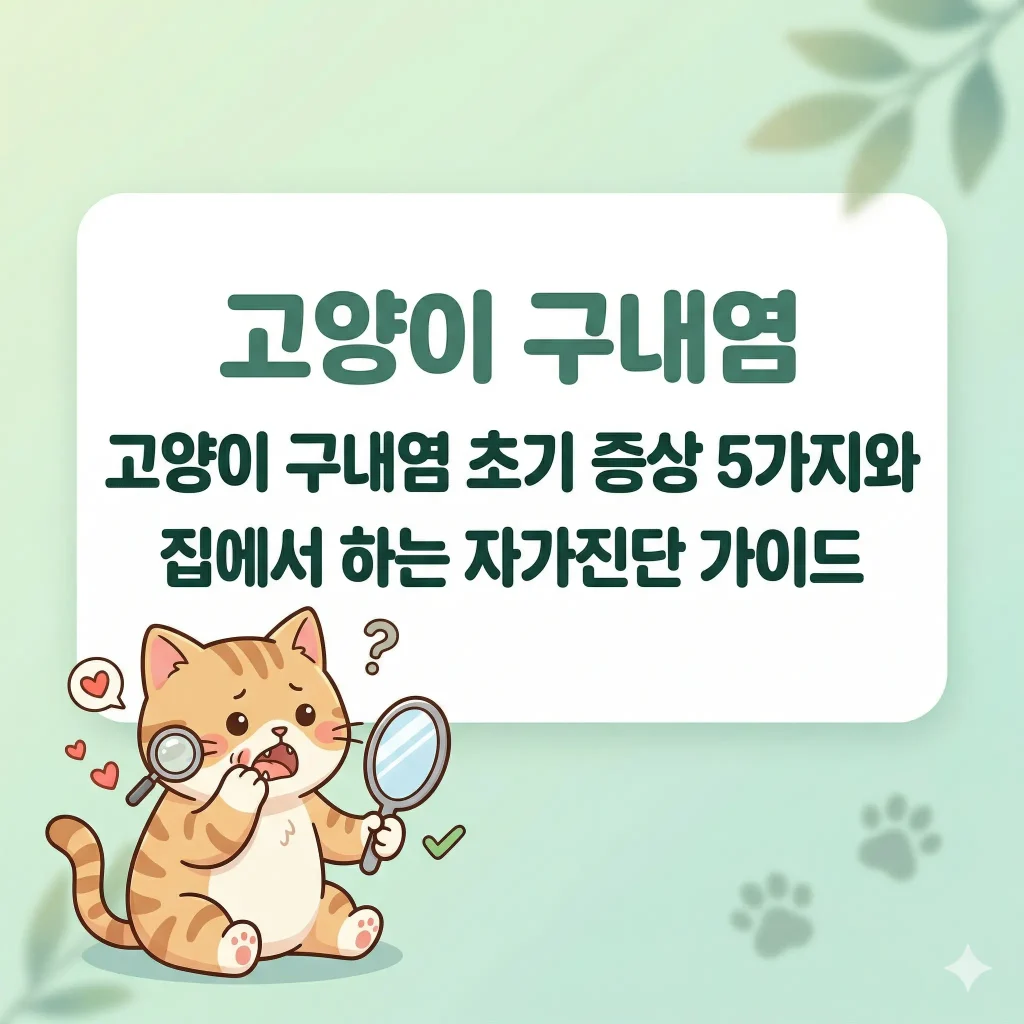 거울을 보며 입 안을 살피는 귀여운 고양이 한국 웹툰 스타일 일러스트, 고양이 구내염 초기 증상 5가지와 집에서 하는 자가진단 가이드 블로그 썸네일