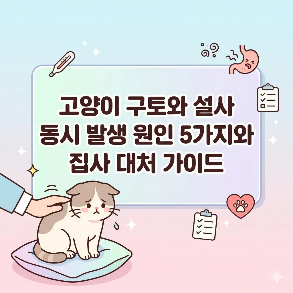 아픈 표정의 고양이와 체온계, 위장 아이콘으로 꾸며진 한국 웹툰 스타일 일러스트, 고양이 구토와 설사 동시 발생 원인 5가지와 집사 대처 가이드 블로그 썸네일