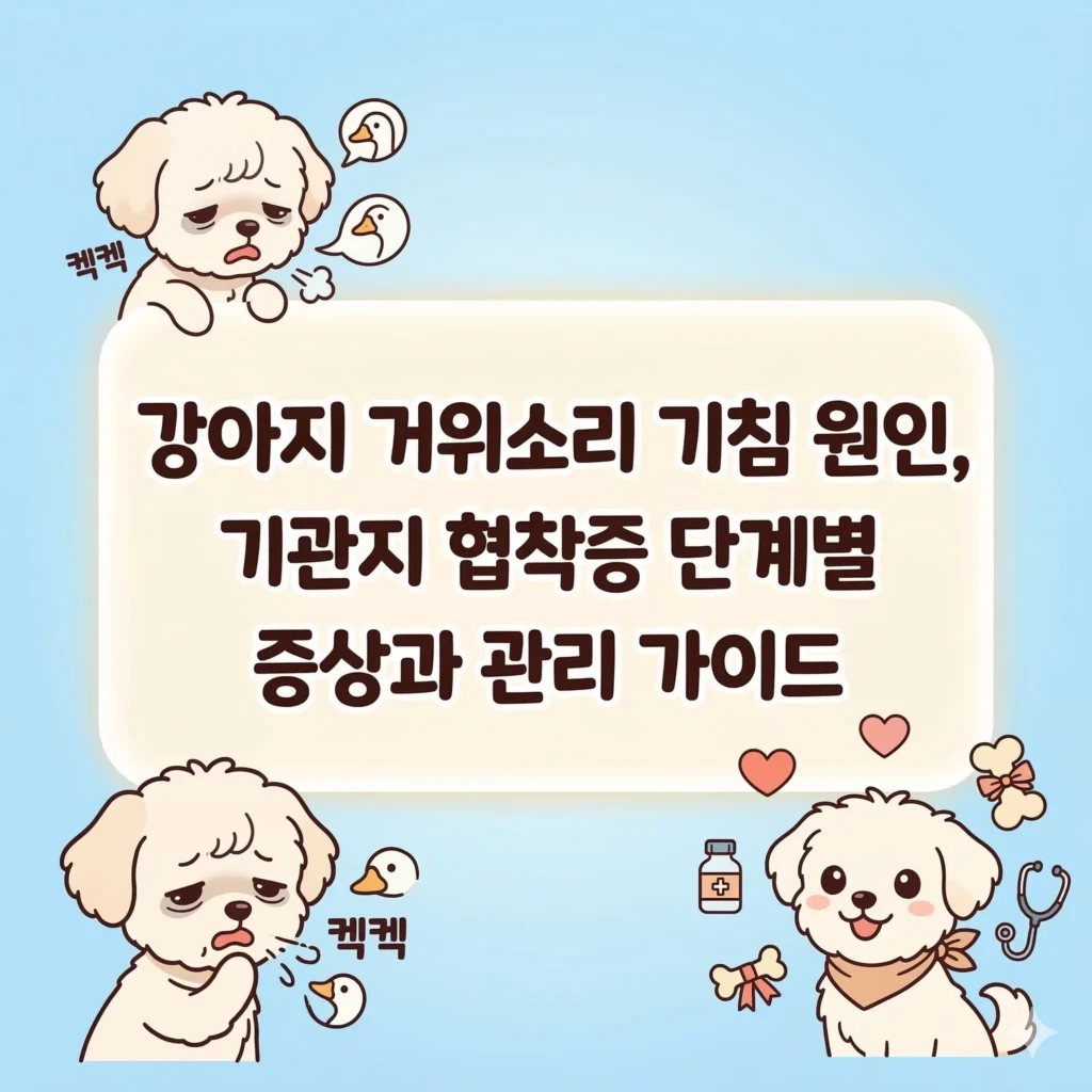 거위 소리 기침을 하며 괴로워하는 강아지와 관리를 통해 건강해진 강아지를 대비시켜 보여주는 한국 웹툰 스타일 블로그 썸네일 일러스트
