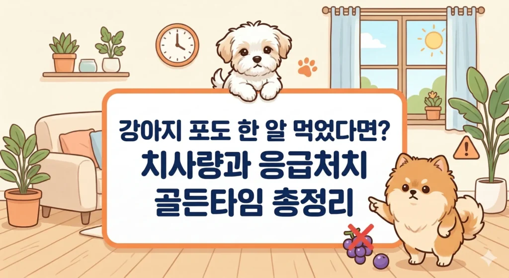 강아지가 포도를 먹었을 때의 치사량과 응급처치 골든타임 정보를 담은 귀여운 카툰 가이드