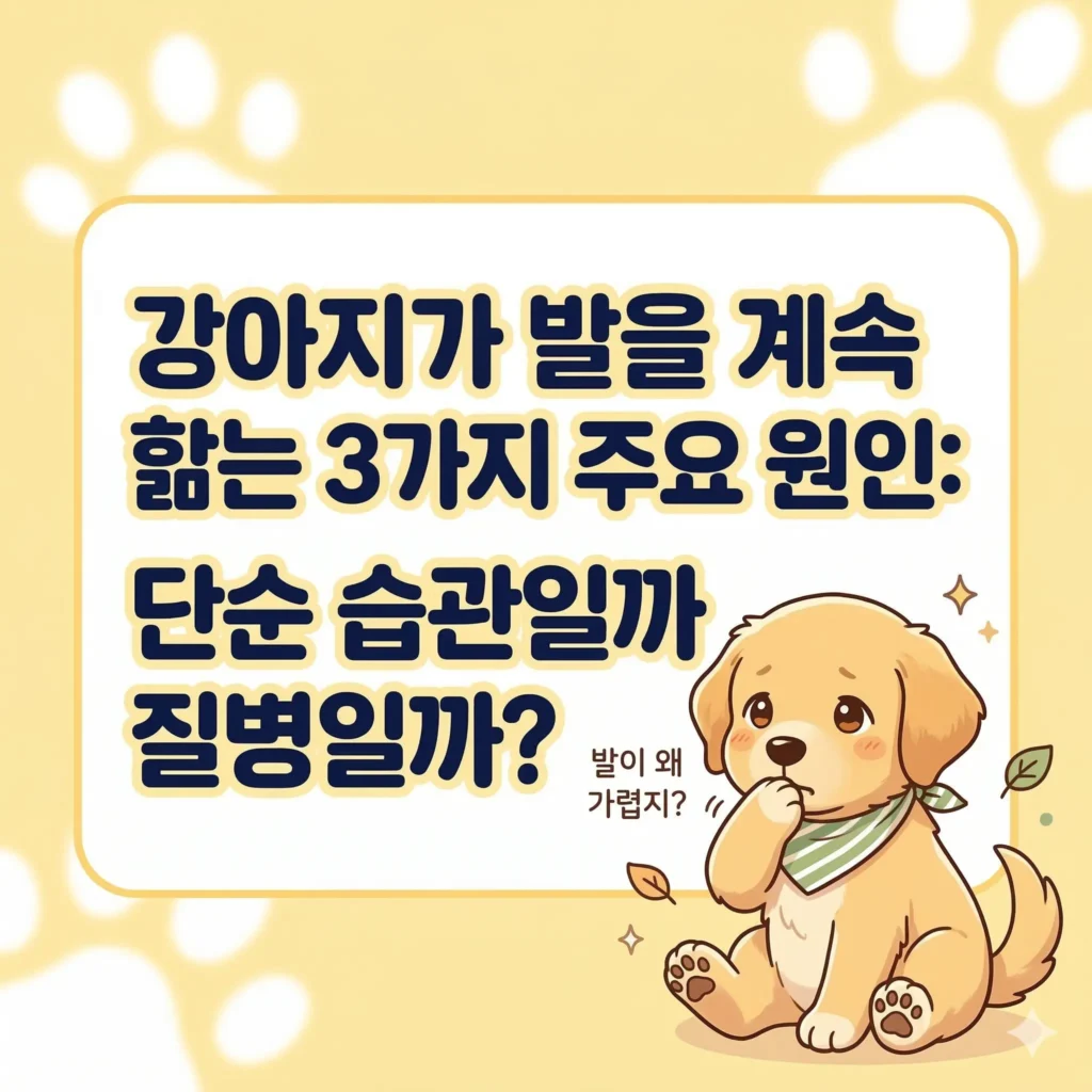 걱정스러운 표정으로 발을 핥으려는 강아지 한국 웹툰 스타일 일러스트, 강아지가 발을 계속 핥는 원인 블로그 썸네일