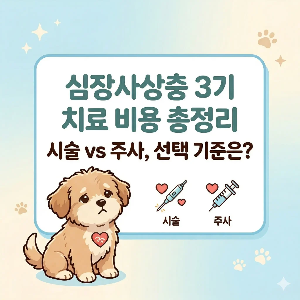 귀여운 강아지가 걱정스러운 표정으로 서 있고, 옆에 전문 시술 도구와 주사기 아이콘이 있는 한국 웹툰 스타일 일러스트, 심장사상충 3기 치료(시술 vs 주사) 비용 총정리 블로그 썸네일