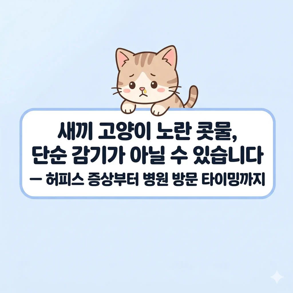 노란 콧물을 흘리는 아픈 새끼 고양이 한국 웹툰 스타일 일러스트, 새끼 고양이 허피스 증상과 병원 방문 타이밍 블로그 썸네일