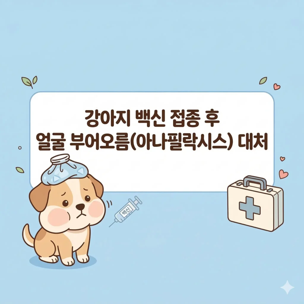 백신 접종 후 얼굴이 부어오르고 얼음팩을 댄 귀여운 강아지 한국 웹툰 스타일 일러스트, 강아지 아나필락시스 대처 블로그 썸네일