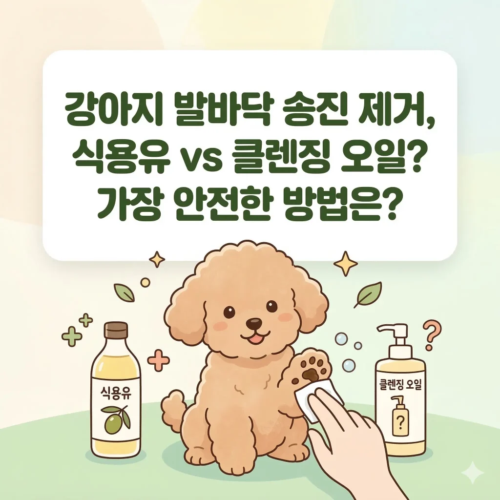 귀여운 강아지가 발바닥에 묻은 송진을 제거받는 한국 웹툰 스타일 일러스트, 식용유와 클렌징 오일 병 소품이 함께 있는 강아지 발바닥 관리 블로그 썸네일