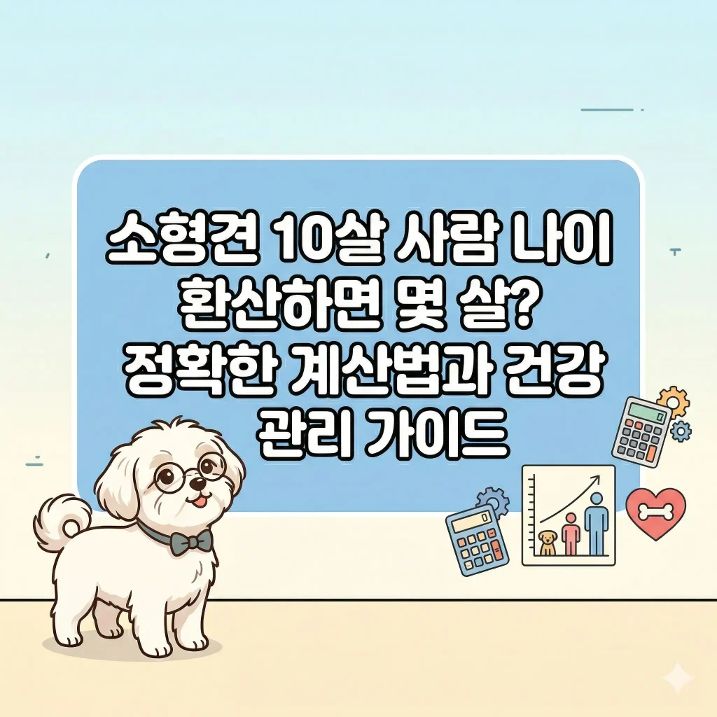 안경을 쓴 귀여운 말티즈가 계산기와 그래프 옆에 있는 한국 웹툰 스타일 일러스트, 소형견 10살 사람 나이 환산법 및 건강 관리 블로그 썸네일