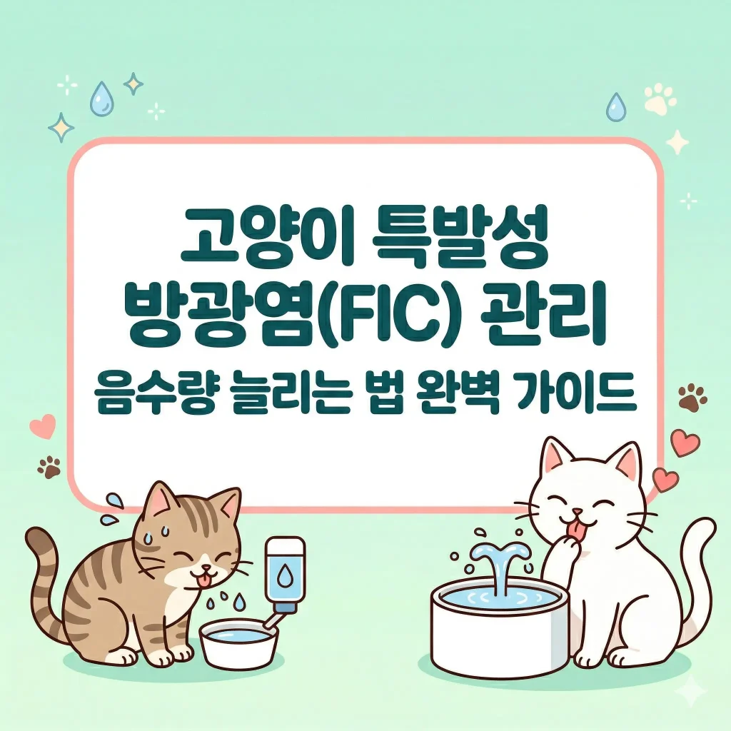 물을 마시는 귀여운 고양이 두 마리와 텍스트 박스가 있는 한국 웹툰 스타일 일러스트, 고양이 특발성 방광염(FIC) 및 음수량 늘리는 법 블로그 썸네일