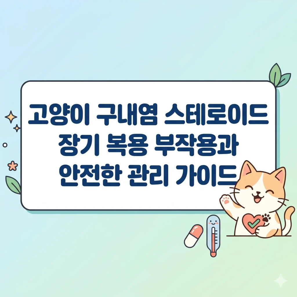 알약과 체온계를 든 귀여운 고양이 한국 웹툰 스타일 일러스트, 고양이 구내염 스테로이드 장기 복용 부작용과 안전한 관리 가이드 블로그 썸네일