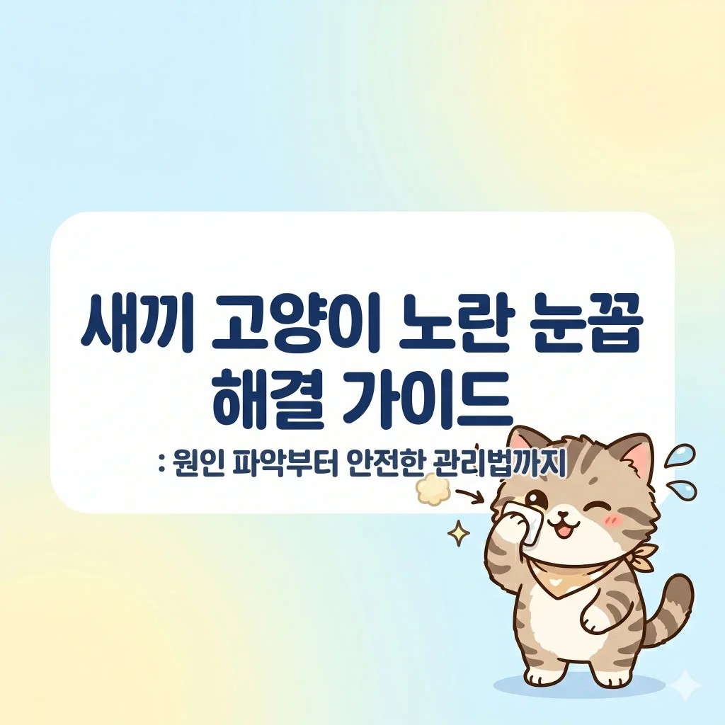 눈을 닦는 귀여운 새끼 고양이 한국 웹툰 스타일 일러스트, 새끼 고양이 노란 눈꼽 해결 가이드 블로그 썸네일