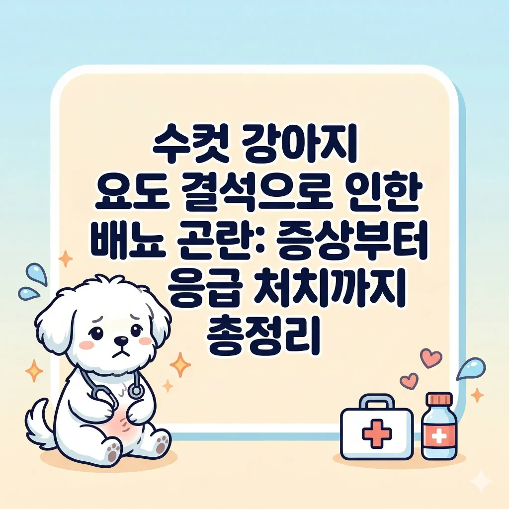 아랫배를 잡고 괴로워하는 흰색 강아지와 구급 상자 일러스트가 그려진 한국 웹툰 스타일 블로그 썸네일, 수컷 강아지 요도 결석 배뇨 곤란 증상 및 응급 처치 정보