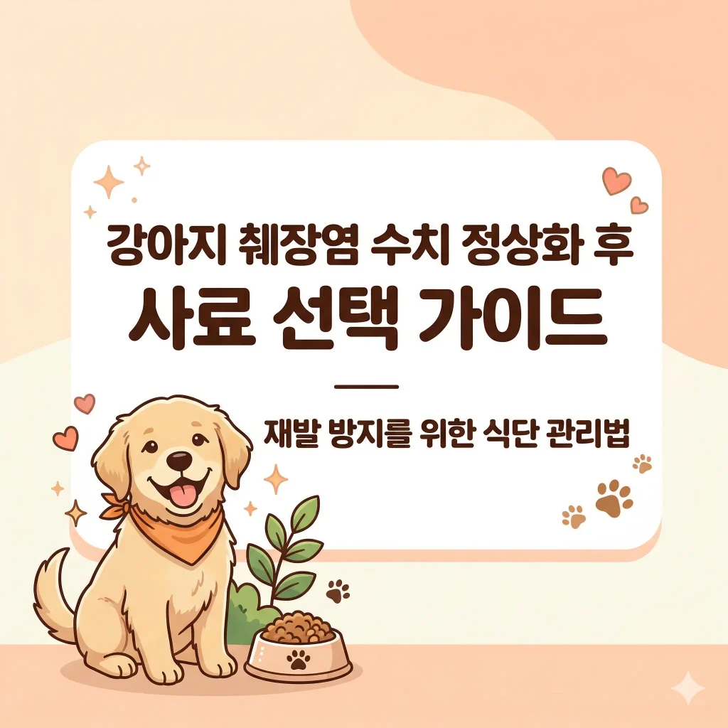 웃는 강아지와 건강한 사료 그릇이 그려진 한국 웹툰 스타일 일러스트, 강아지 췌장염 회복 후 사료 선택 가이드 블로그 썸네일