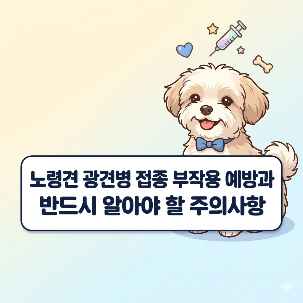 건강하게 웃는 노령견 강아지 머리 위에 예방접종 주사기와 하트가 그려진 한국 웹툰 스타일 일러스트, 노령견 광견병 접종 부작용 예방과 주의사항 블로그 썸네일