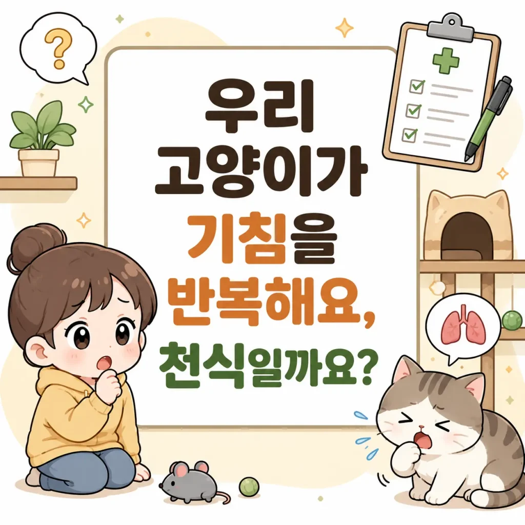 기침을 반복하는 고양이와 걱정하는 보호자를 표현한 귀여운 SD 캐릭터 스타일의 고양이 천식 썸네일