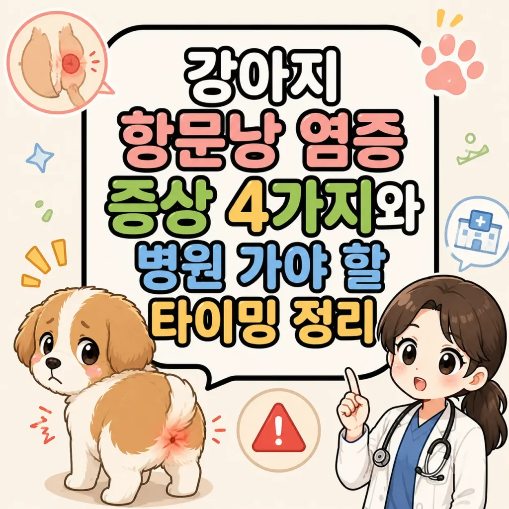 강아지 항문낭 염증 증상 4가지와 병원 가야 할 타이밍을 설명하는 귀여운 SD 캐릭터 네이버 웹툰 스타일 일러스트 with 항문 통증을 느끼는 강아지와 수의사 캐릭터