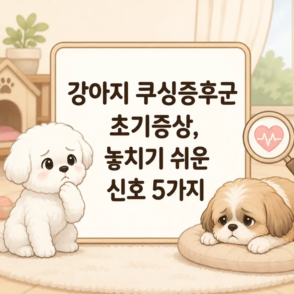 강아지 쿠싱증후군 초기증상과 놓치기 쉬운 신호 5가지를 설명하는 SD 캐릭터 일러스트