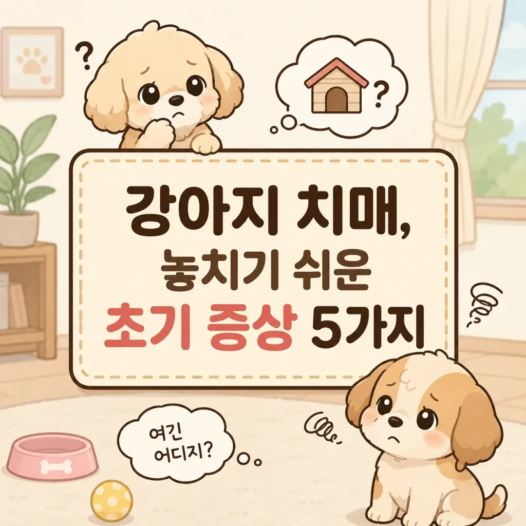 강아지 치매 초기 증상 5가지를 설명하는 귀여운 웹툰 스타일 일러스트 이미지