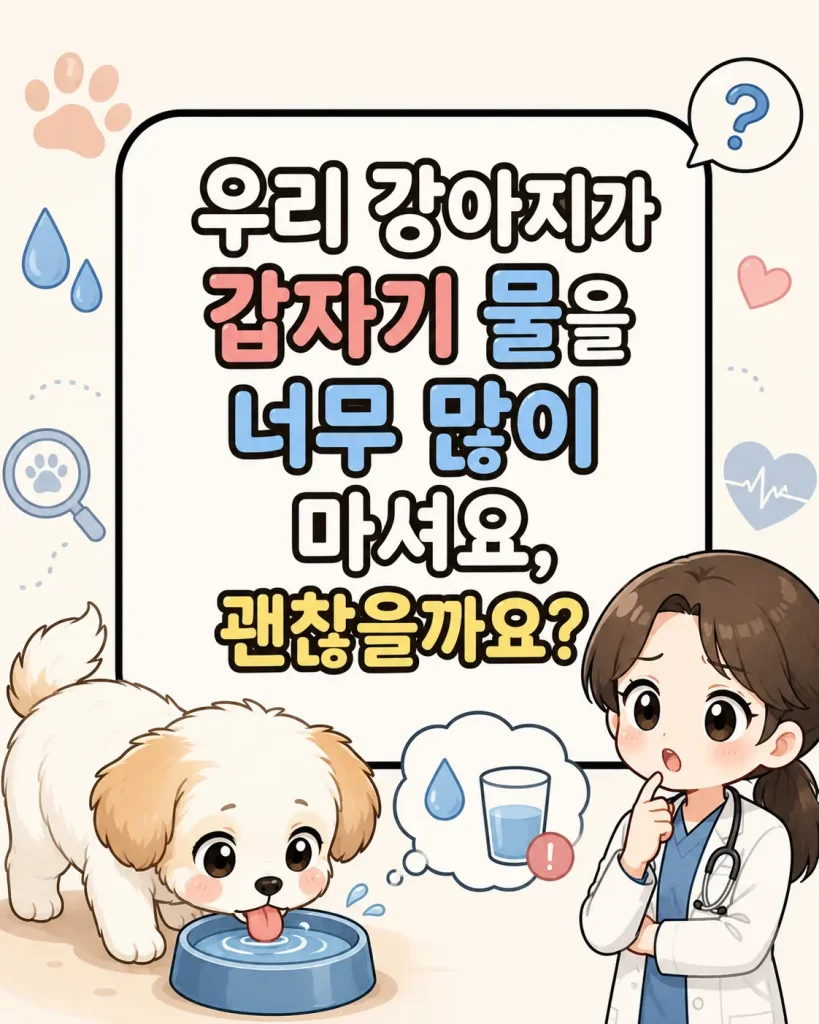 강아지가 갑자기 물을 많이 마시는 증상과 건강 이상 가능성을 설명하는 SD 캐릭터 네이버 웹툰 스타일 일러스트 with 물 마시는 강아지와 수의사 캐릭터