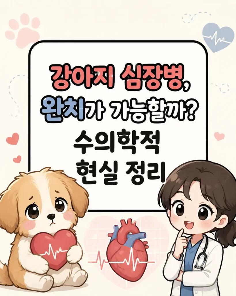 강아지 심장병 완치 가능성과 수의학적 현실을 설명하는 SD 캐릭터 네이버 웹툰 스타일 일러스트 with 강아지와 수의사 캐릭터