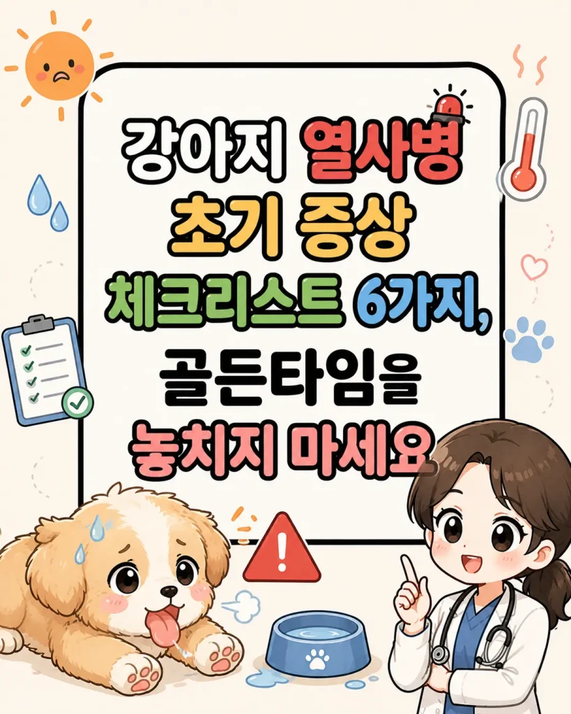 강아지 열사병 초기 증상 체크리스트와 골든타임 중요성을 설명하는 SD 캐릭터 네이버 웹툰 스타일 일러스트 with 헥헥거리는 강아지와 수의사 캐릭터