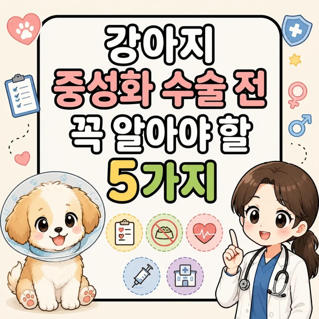 강아지 중성화 수술 전 꼭 알아야 할 5가지를 설명하는 귀여운 SD 캐릭터 네이버 웹툰 스타일 일러스트 with 넥카라를 한 강아지와 수의사 캐릭터
