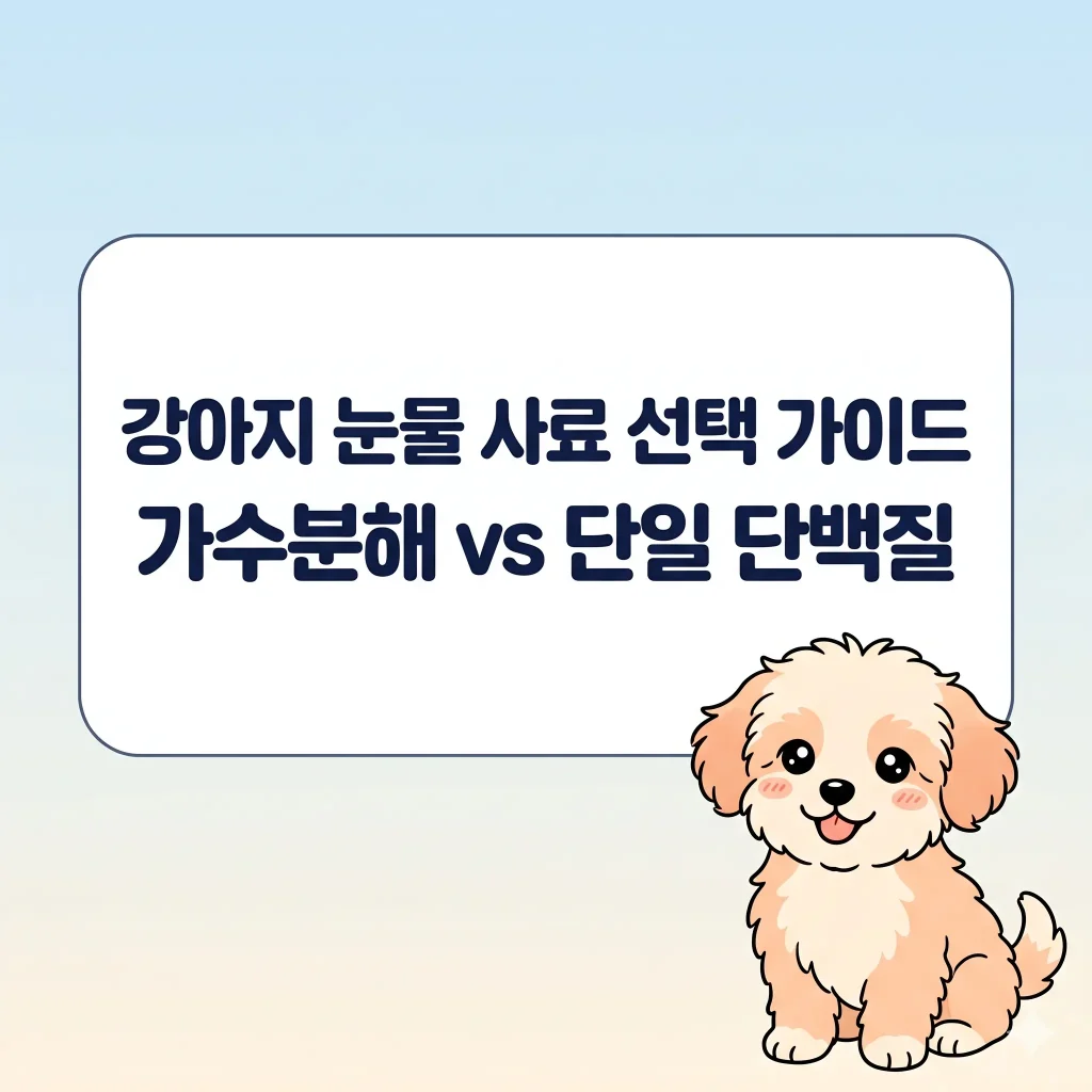 웃고 있는 귀여운 강아지가 그려진 한국 웹툰 스타일 일러스트, 강아지 눈물 사료 선택 가이드 가수분해 vs 단일 단백질 블로그 썸네일