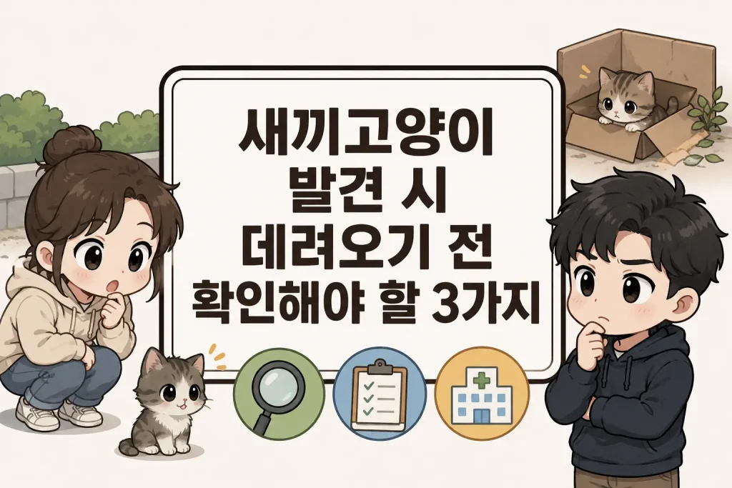 새끼고양이 발견 시 데려오기 전에 확인해야 할 사항 3가지를 설명하는 SD 캐릭터 웹툰 스타일 일러스트 이미지