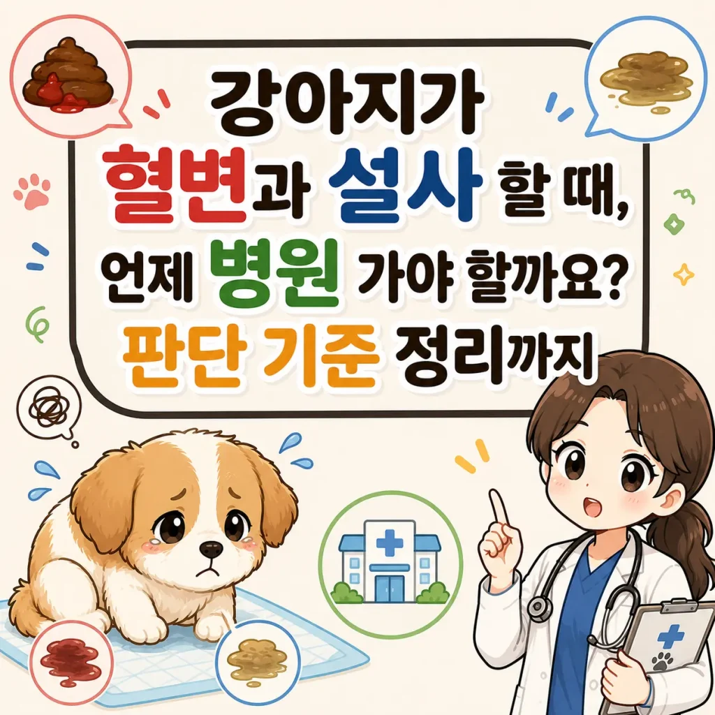 강아지 혈변과 설사 증상 발생 시 병원 방문 기준과 응급 상황 판단 방법을 설명하는 일러스트