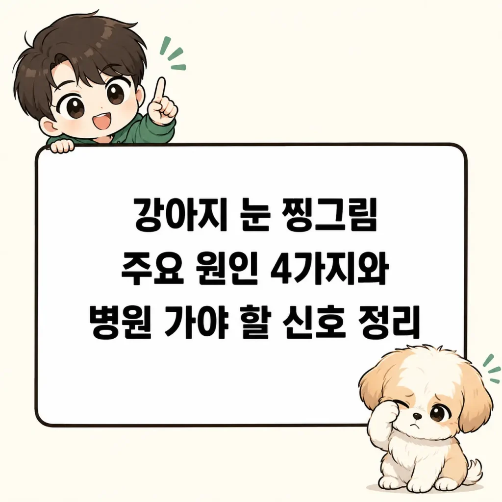 강아지 눈 찡그림 주요 원인 4가지와 병원 가야 할 신호를 설명하는 네이버 웹툰 스타일 썸네일 이미지