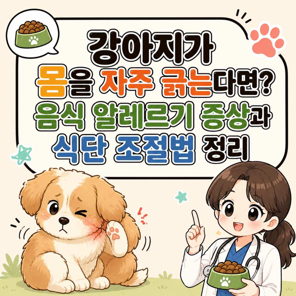 강아지가 몸을 자주 긁는 원인과 음식 알레르기 증상 및 식단 조절법을 설명하는 귀여운 SD 캐릭터 네이버 웹툰 스타일 일러스트 with 몸을 긁는 강아지와 사료를 들고 있는 수의사 캐릭터