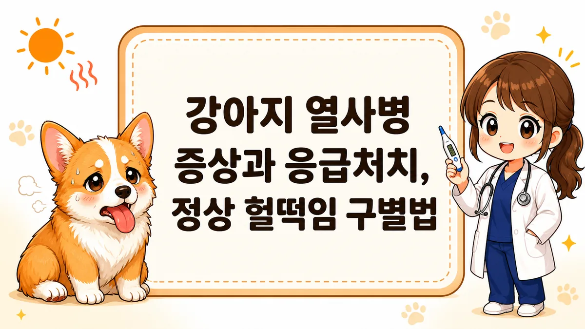 강아지 열사병 증상과 응급처치, 정상 헐떡임 구별법을 안내하는 미우바우 블로그 썸네일 — 더운 여름 헐떡이는 강아지와 수의사 캐릭터 일러스트