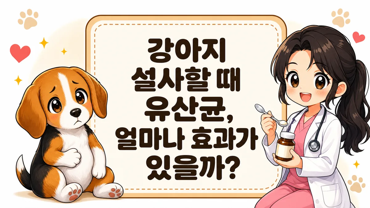 강아지 설사할 때 유산균 효과 — 배를 만지는 비글 강아지와 유산균을 든 여성 수의사 일러스트