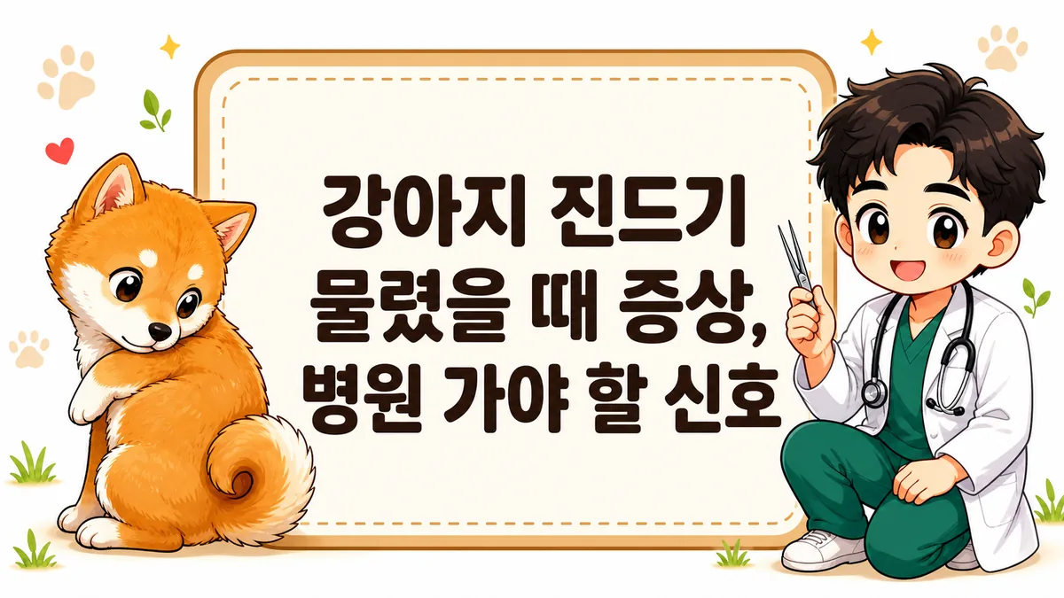 강아지 진드기 물렸을 때 증상 — 몸을 살펴보는 시바견과 진드기 제거 도구를 든 남성 수의사 일러스트