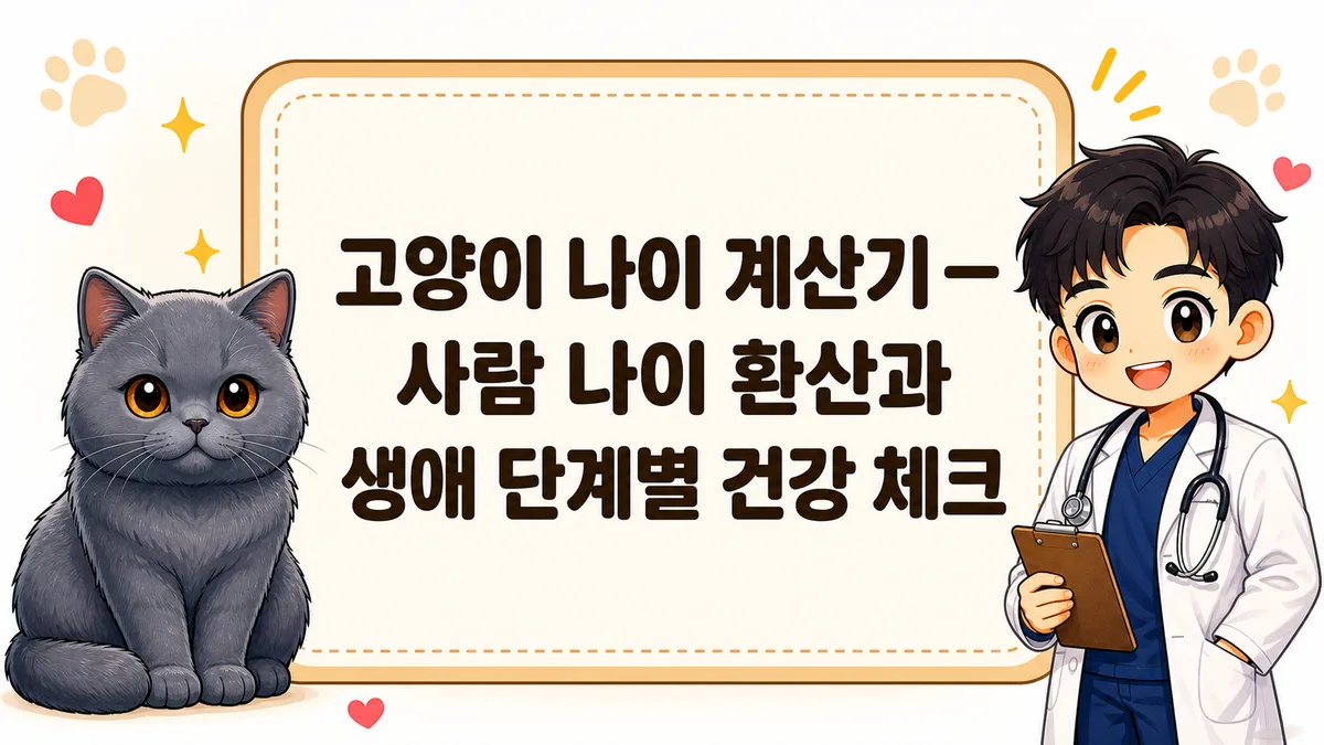 고양이 나이 계산기 — 앉아 있는 브리티시숏헤어 고양이와 차트를 든 수의사 일러스트