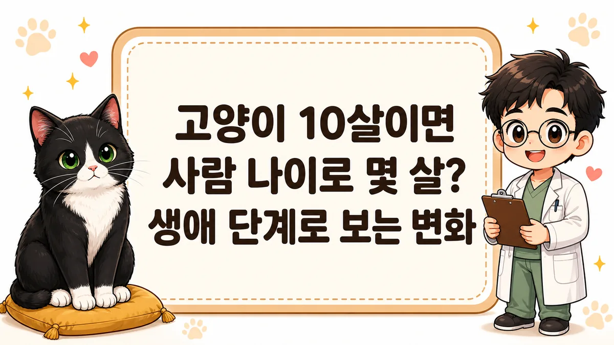 고양이 10살 사람 나이 환산과 생애 단계를 설명하는 턱시도 고양이와 수의사 일러스트