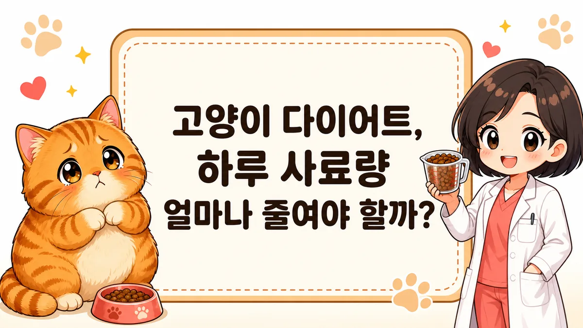 고양이 다이어트 하루 사료량을 안내하는 통통한 치즈태비 고양이와 계량컵을 든 수의사 일러스트