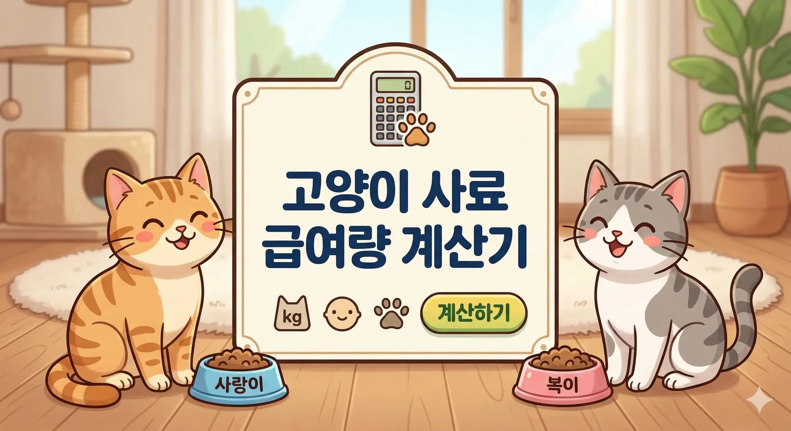 중앙에 고양이 사료 급여량 계산기 텍스트가 적힌 카툰 형식의 이미지