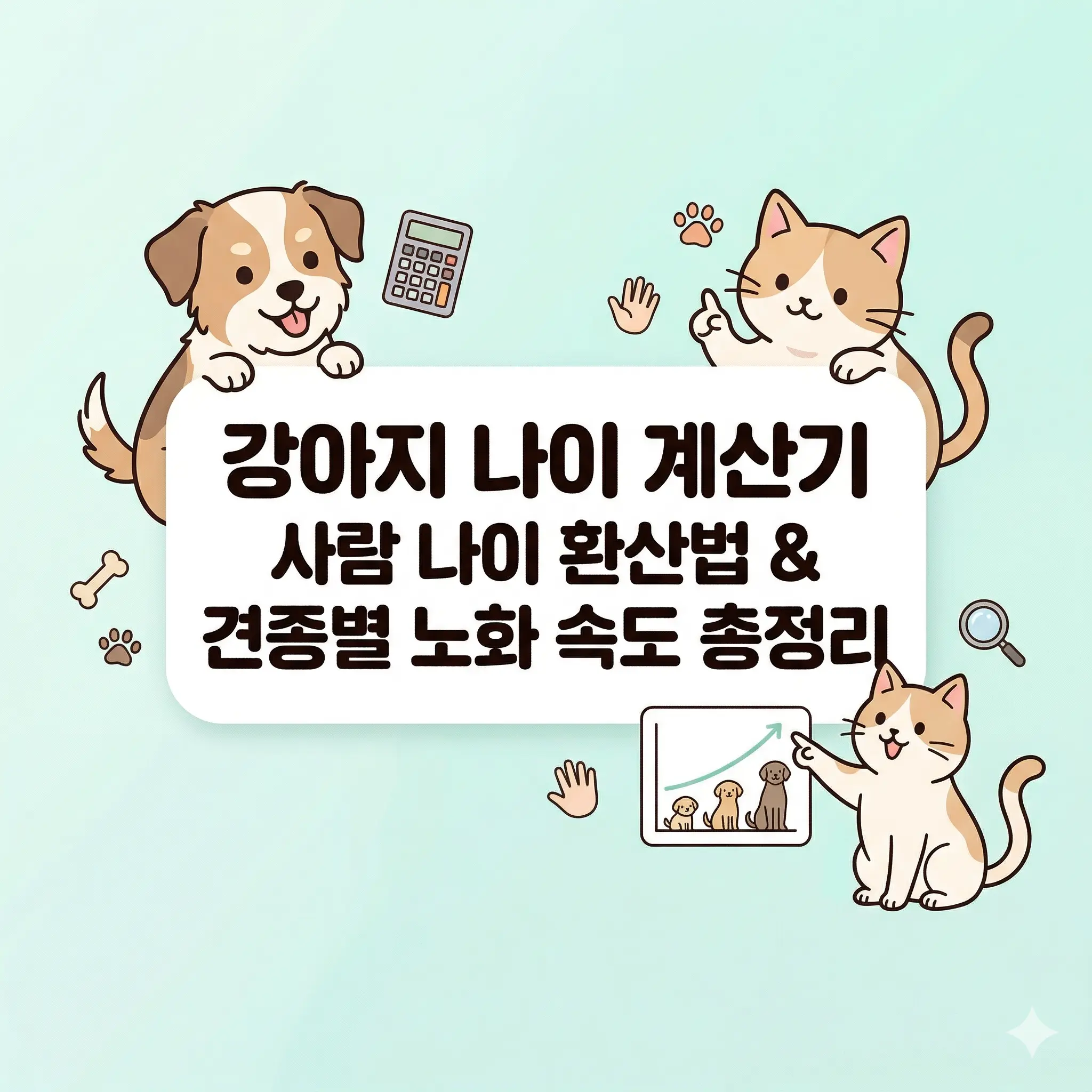 귀여운 강아지와 고양이가 나이 계산기와 성장 그래프 옆에 있는 한국 웹툰 스타일 일러스트, 강아지 나이 계산기 및 사람 나이 환산법 블로그 썸네일