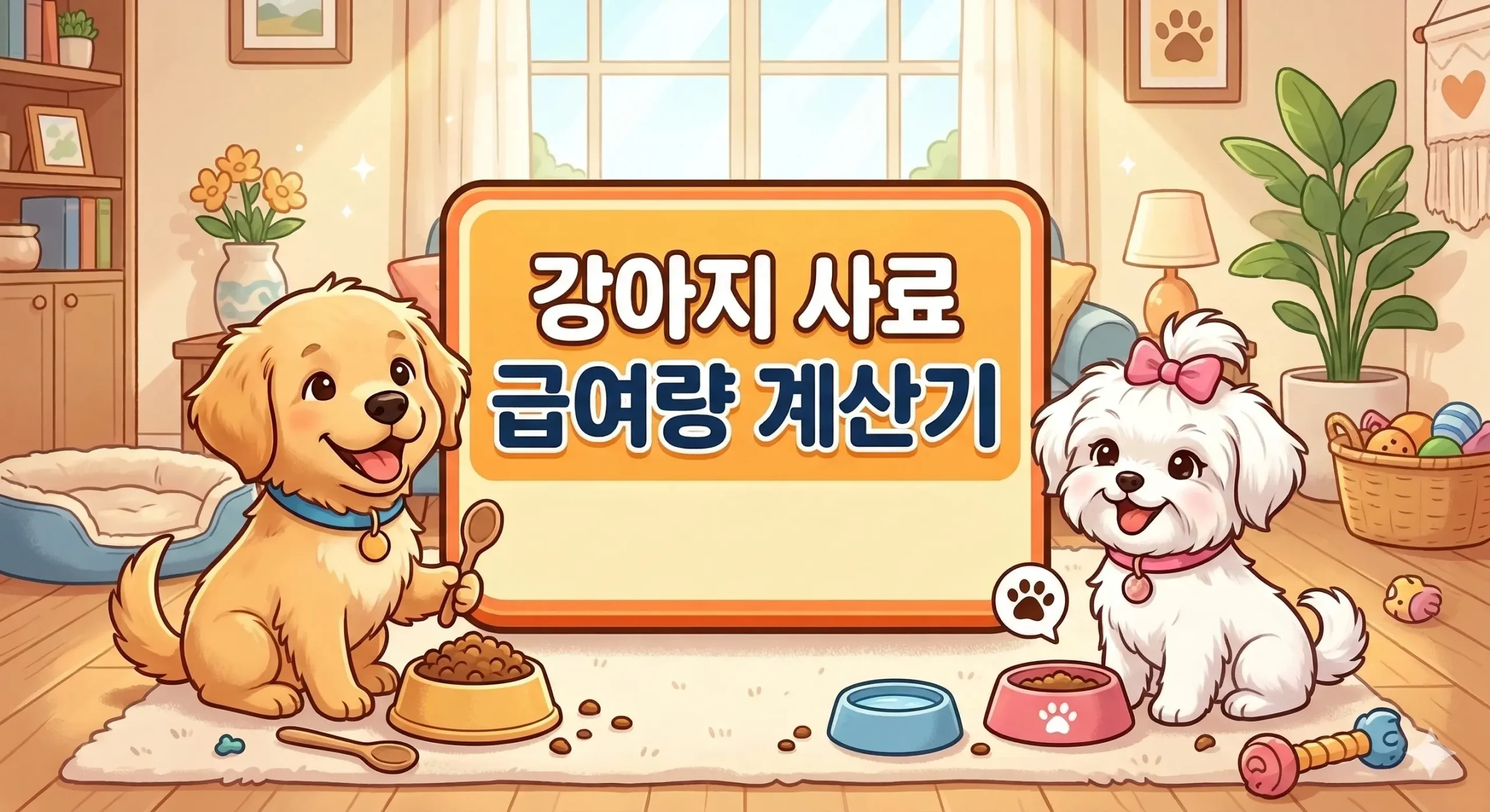 중앙에 '강아지 사료 급여량 계산기' 문구가 적힌 박스와 귀여운 강아지 두 마리가 있는 카툰 일러스트