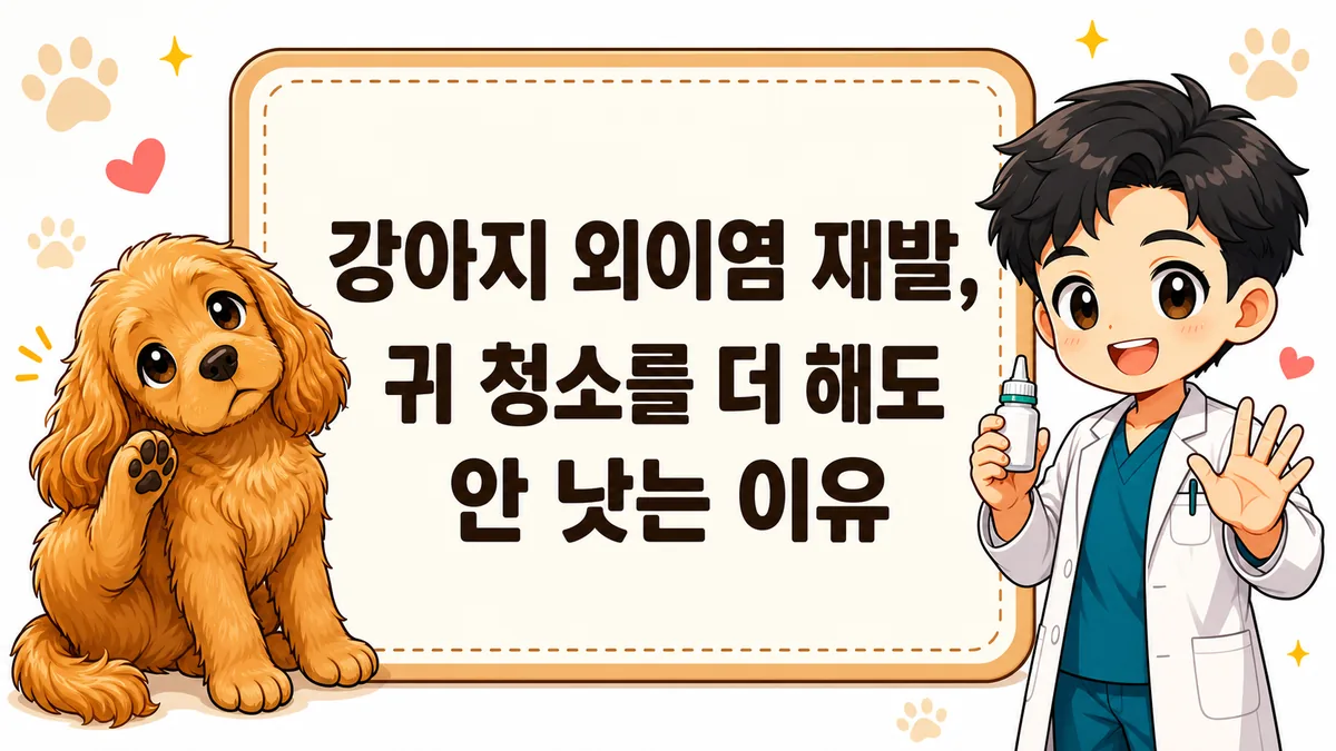 강아지 외이염 재발로 귀를 긁는 강아지와 귀 세정제를 든 수의사 일러스트