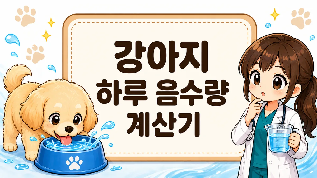 강아지 하루 음수량 계산기 — 물그릇 물을 마시는 강아지와 계량컵을 든 수의사 일러스트