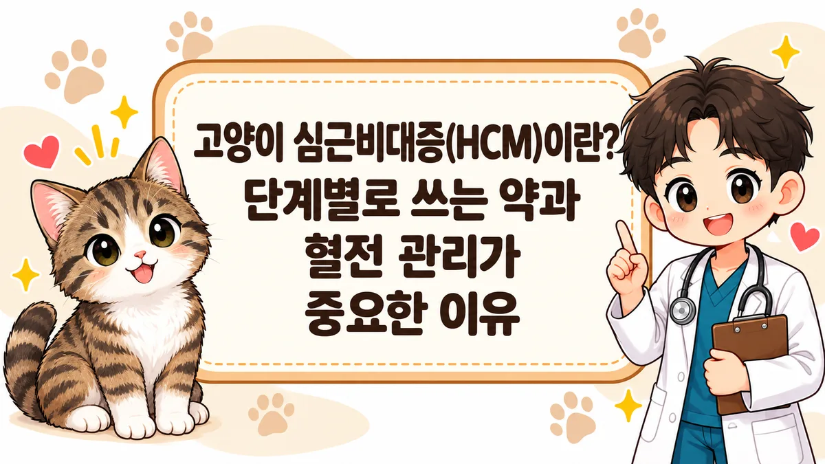 고양이 심근비대증(HCM) 청진하는 수의사와 고양이 일러스트 — 단계별로 쓰는 약과 혈전 관리